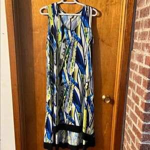 Woman’s VAMP Printed Sleeveless Midi Dress in Blue and Lime Large
